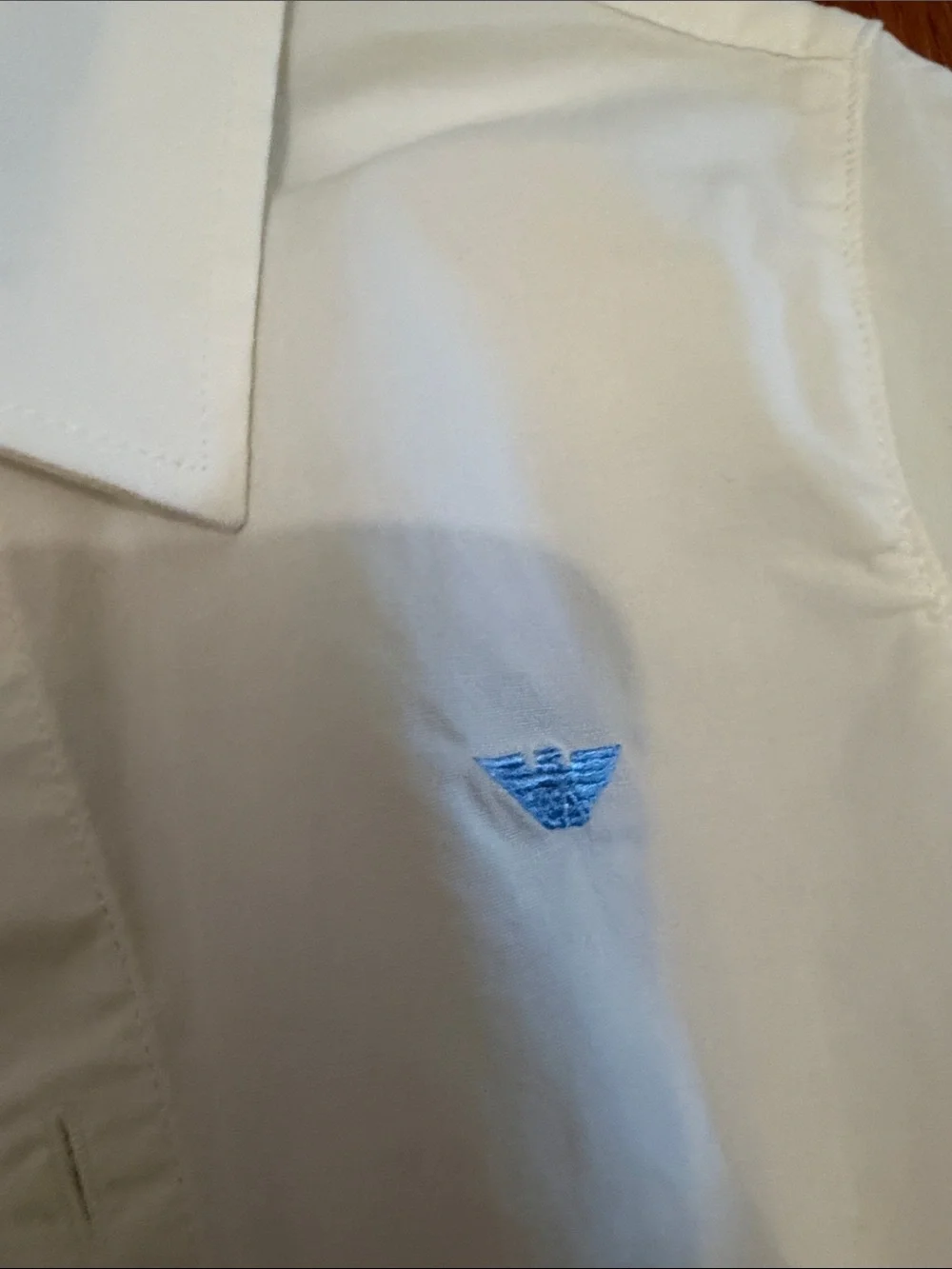 Armani Junior White Short-Sleeve Button-Down Shirt with Light Blue Logo